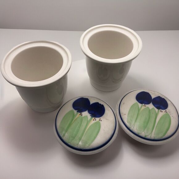 Vintage Handpainted Pottery Pair of Ceramic Tea Strainers with Lids Blue Tulips - Picture 2 of 5